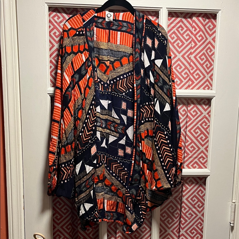 Akemi + Kin Anthropologie Abstract Open-Front Kimono-Red, Gold, Salmon, Navy
